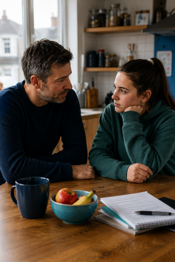Adoptive father and daughter having a conversation
